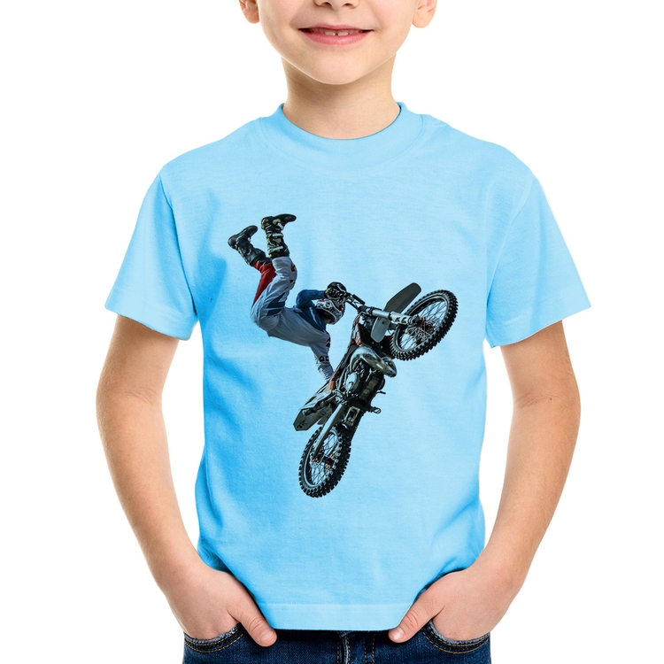 Camiseta Infantil Motocross Freestyle Trick - Azul Bebê