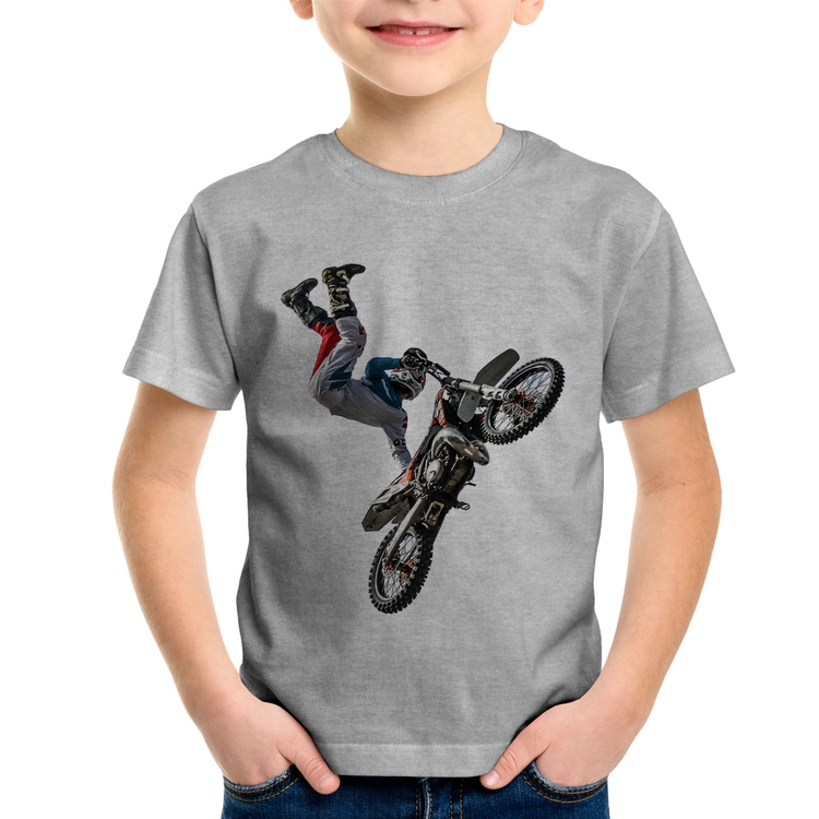 Camiseta Infantil Motocross Freestyle Trick - Cinza