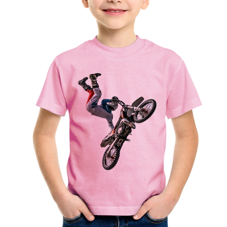 Camiseta Infantil Motocross Freestyle Trick - Rosa Bebê