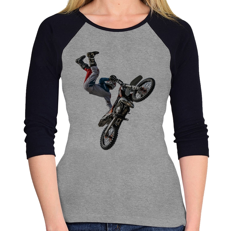 Baby Look Raglan Motocross Freestyle Trick Manga 3/4 - Cinza/Preto