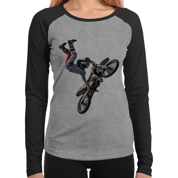Baby Look Raglan Motocross Freestyle Trick Manga Longa - Cinza/Preto