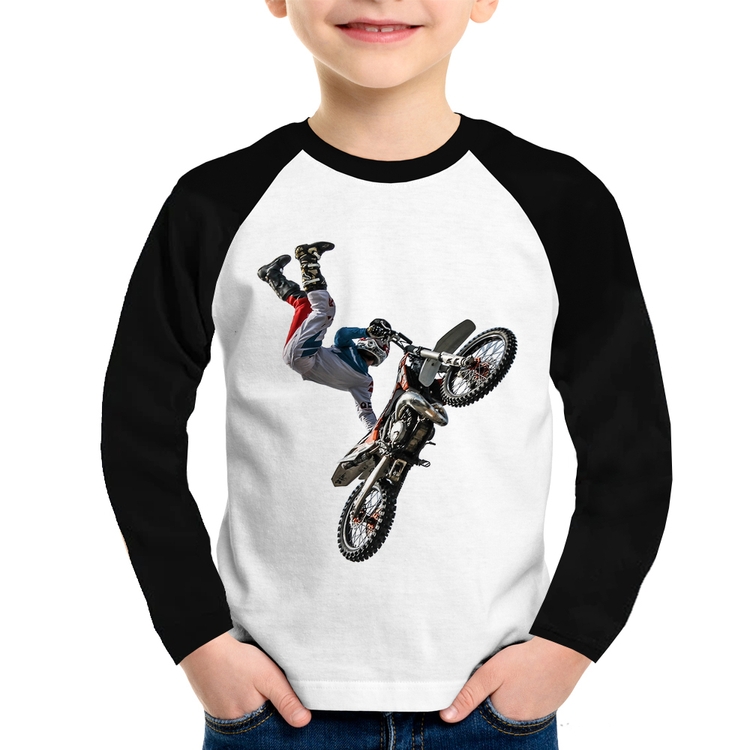 Camiseta Raglan Infantil Motocross Freestyle Trick Manga Longa