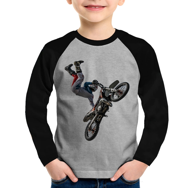 Camiseta Raglan Infantil Motocross Freestyle Trick Manga Longa - Cinza/Preto