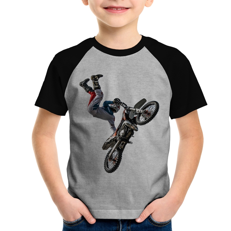 Camiseta Raglan Infantil Motocross Freestyle Trick - Cinza/Preto