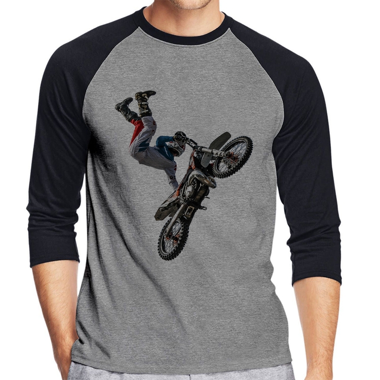 Camiseta Raglan Motocross Freestyle Trick Manga 3/4 - Cinza/Preto