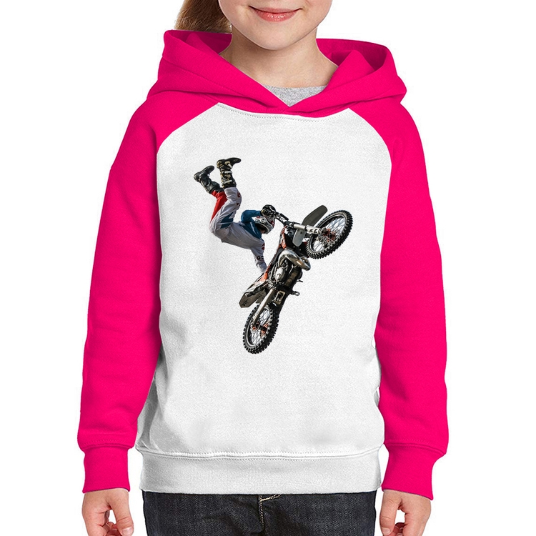 Moletom Infantil Motocross Freestyle Trick - Branco/Rosa