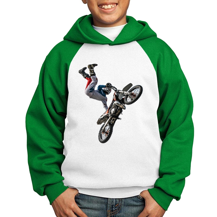 Moletom Infantil Motocross Freestyle Trick - Branco/Verde