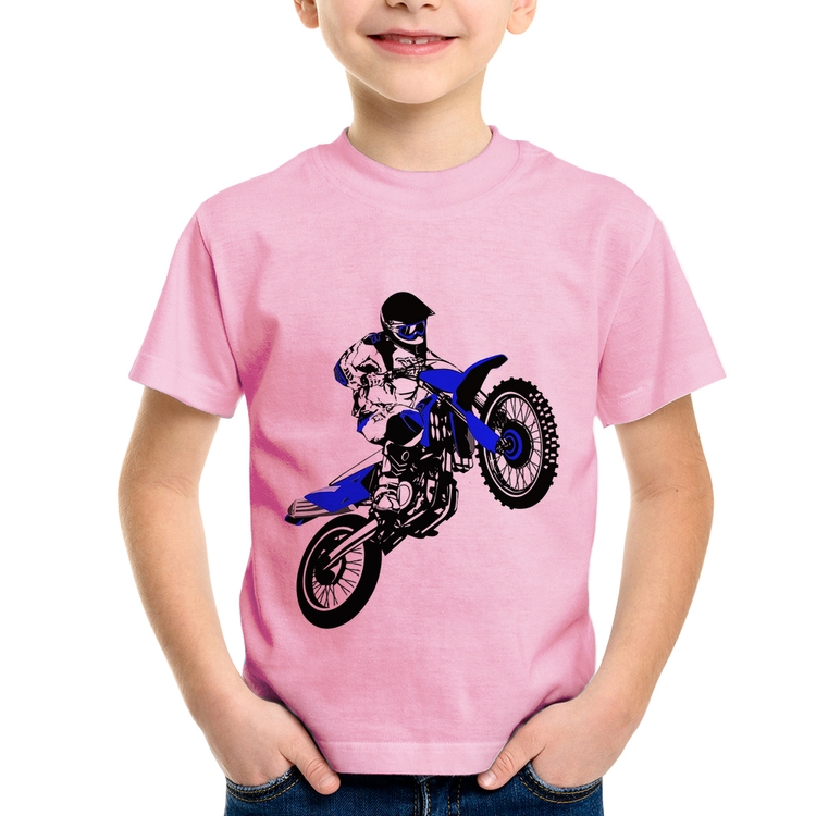 Camiseta Infantil Motocross Jump Azul - Rosa Bebê