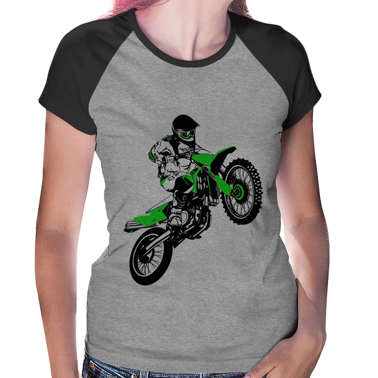 Baby Look Raglan Motocross Jump Verde - Cinza/Preto