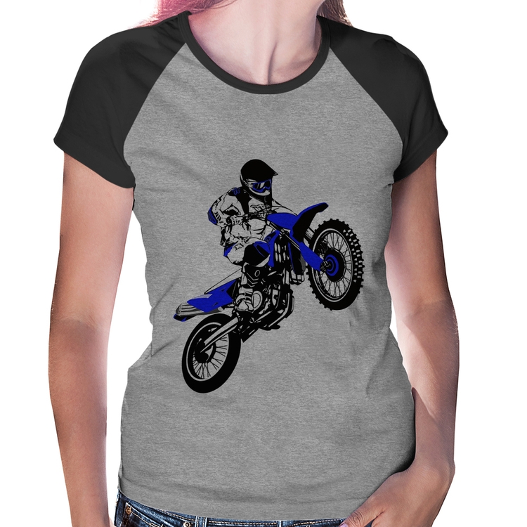 Baby Look Raglan Motocross Jump Azul - Cinza/Preto