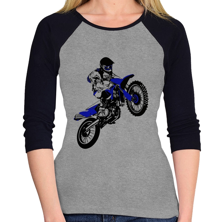 Baby Look Raglan Motocross Jump Azul Manga 3/4 - Cinza/Preto