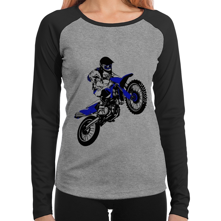 Baby Look Raglan Motocross Jump Azul Manga Longa - Cinza/Preto
