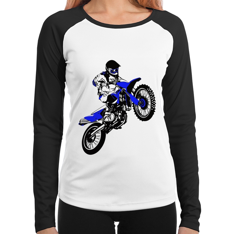Baby Look Raglan Motocross Jump Azul Manga Longa