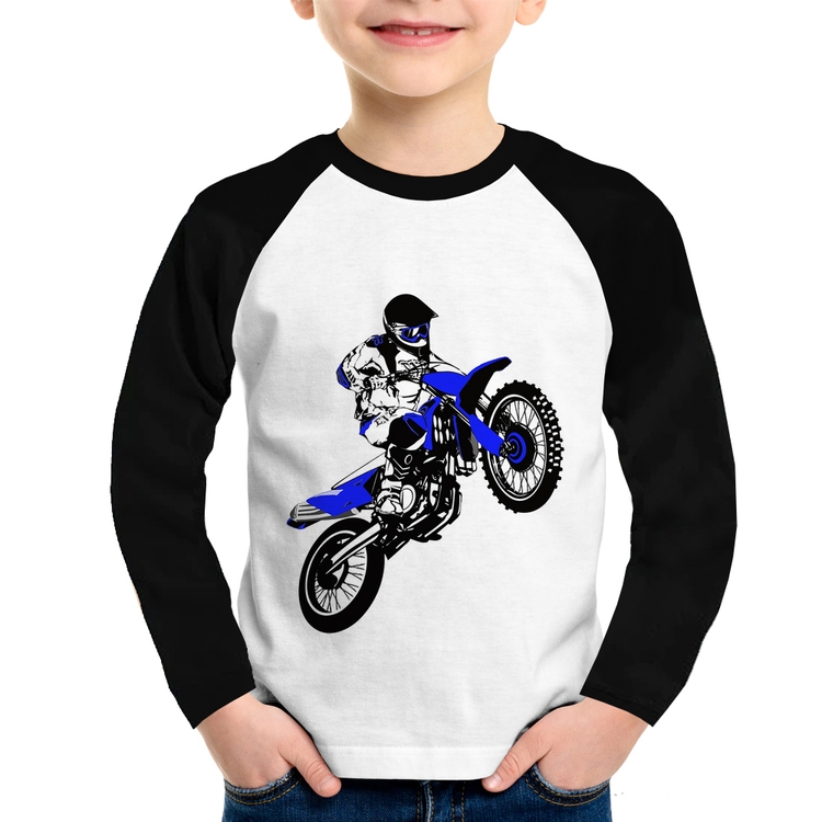 Camiseta Raglan Infantil Motocross Jump Azul Manga Longa