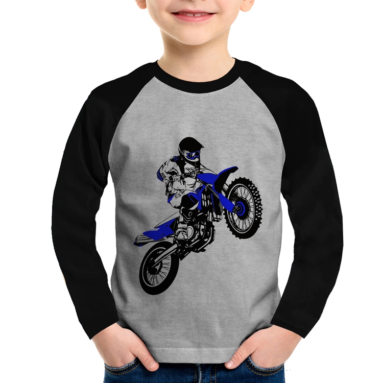 Camiseta Raglan Infantil Motocross Jump Azul Manga Longa - Cinza/Preto