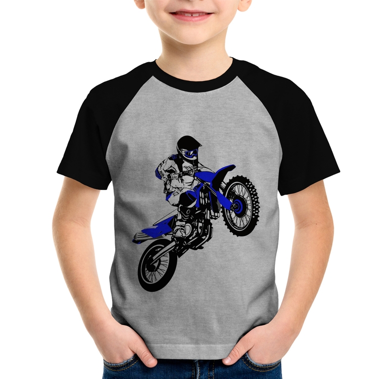 Camiseta Raglan Infantil Motocross Jump Azul - Cinza/Preto