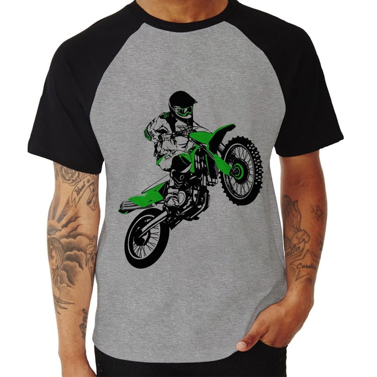 Camiseta Raglan Motocross Jump Verde - Cinza/Preto