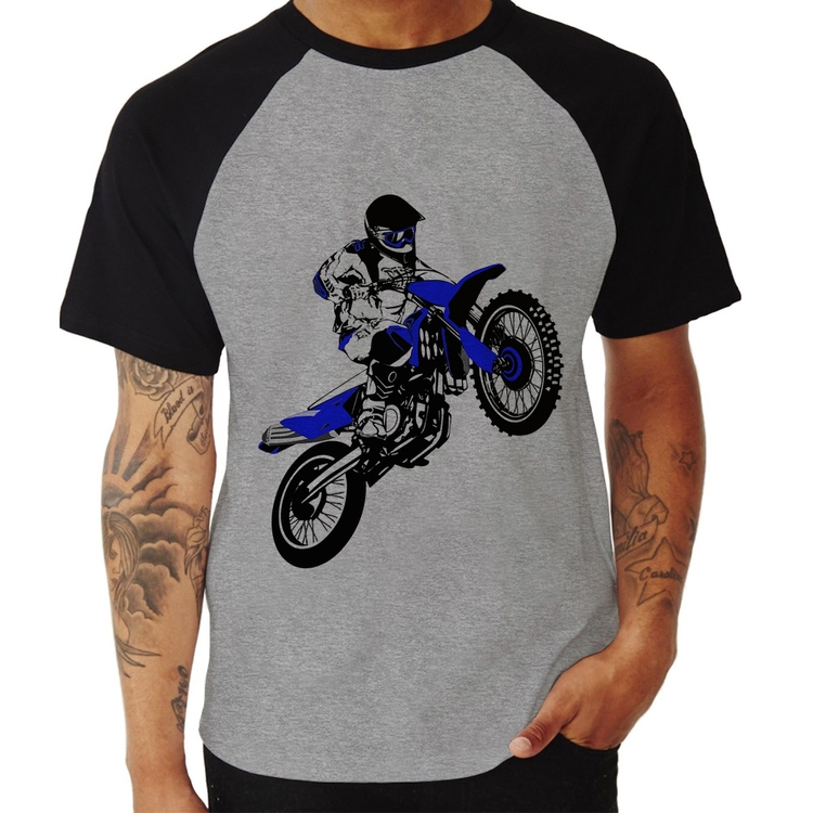 Camiseta Raglan Motocross Jump Azul - Cinza/Preto