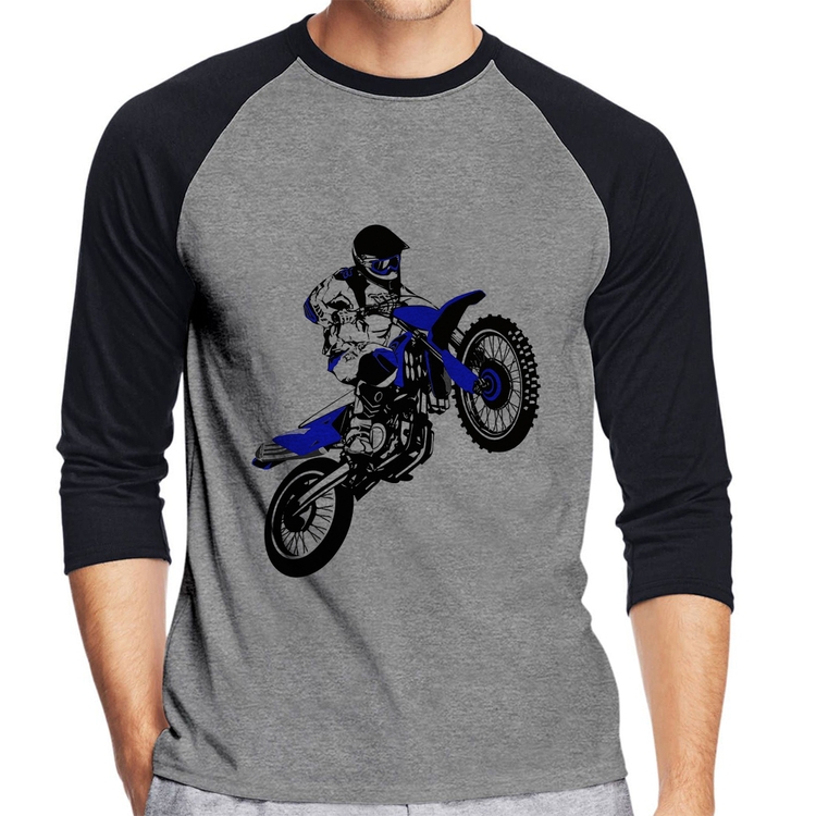 Camiseta Raglan Motocross Jump Azul Manga 3/4 - Cinza/Preto