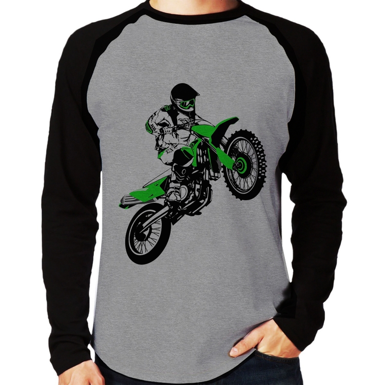 Camiseta Raglan Motocross Jump Verde Manga Longa - Cinza/Preto