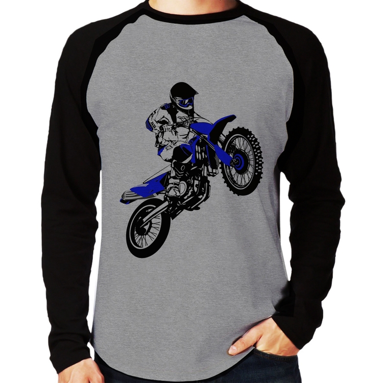 Camiseta Raglan Motocross Jump Azul Manga Longa - Cinza/Preto