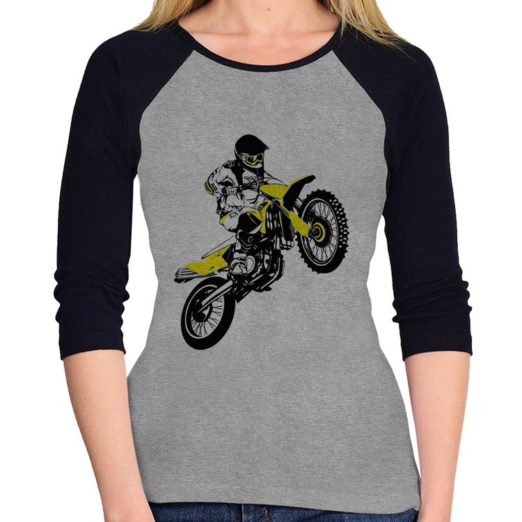 Baby Look Raglan Motocross Jump Manga 3/4 - Cinza/Preto