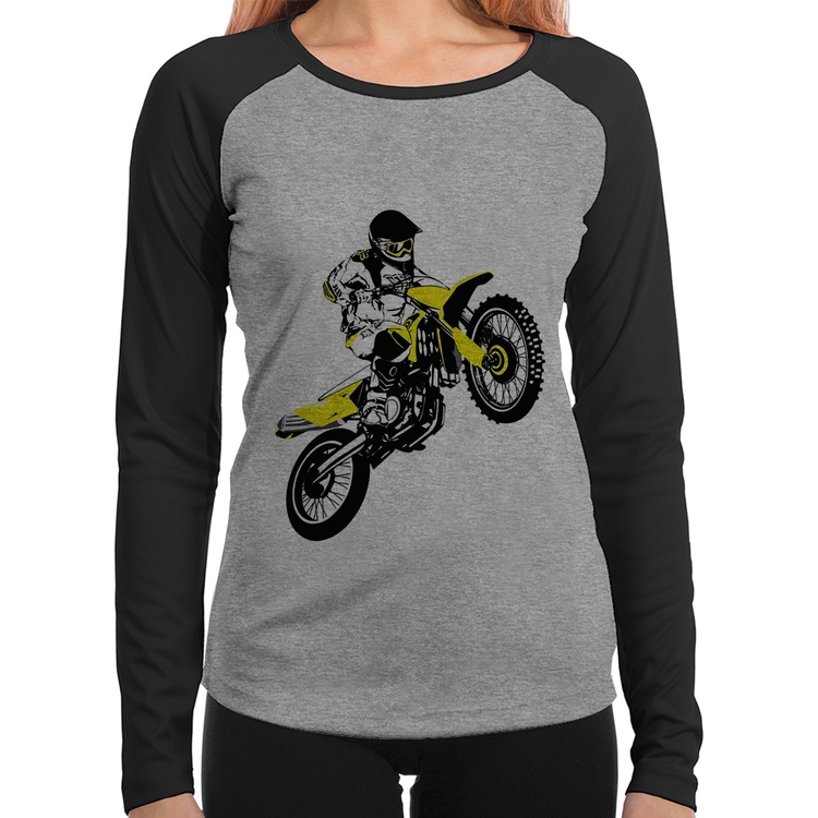 Baby Look Raglan Motocross Jump Manga Longa - Cinza/Preto