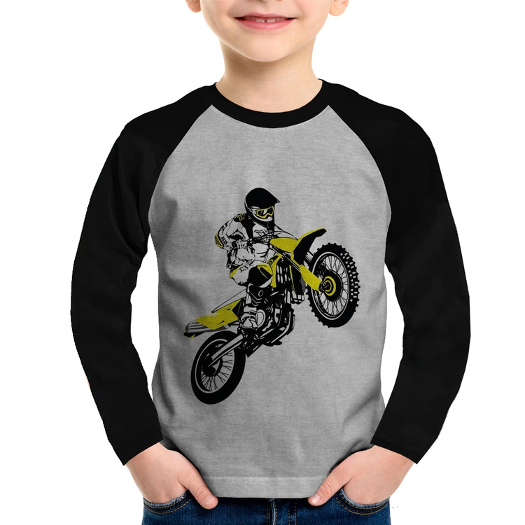 Camiseta Raglan Infantil Motocross Jump Manga Longa - Cinza/Preto