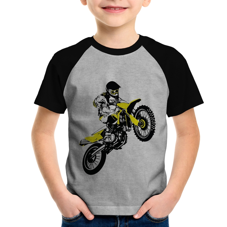 Camiseta Raglan Infantil Motocross Jump - Cinza/Preto