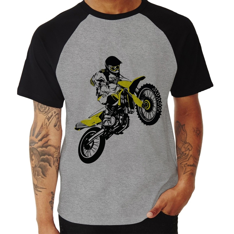 Camiseta Raglan Motocross Jump - Cinza/Preto