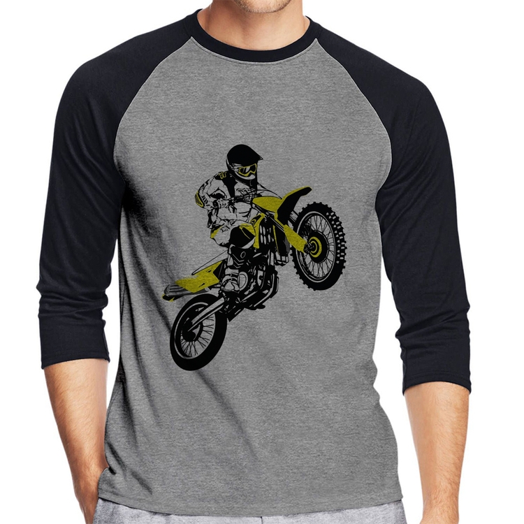 Camiseta Raglan Motocross Jump Manga 3/4 - Cinza/Preto