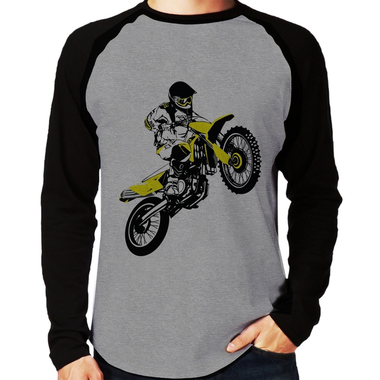 Camiseta Raglan Motocross Jump Manga Longa - Cinza/Preto