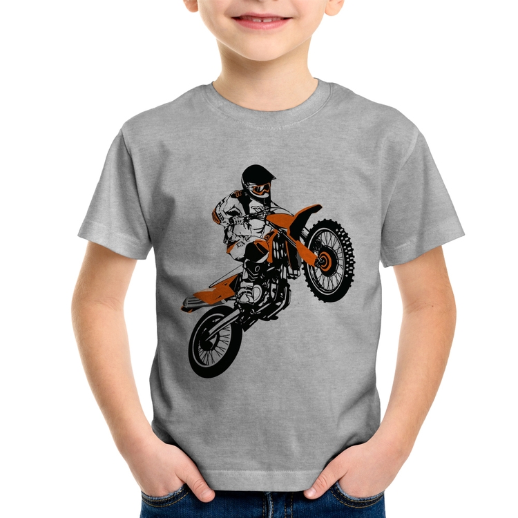 Camiseta Infantil Motocross Jump Laranja - Cinza