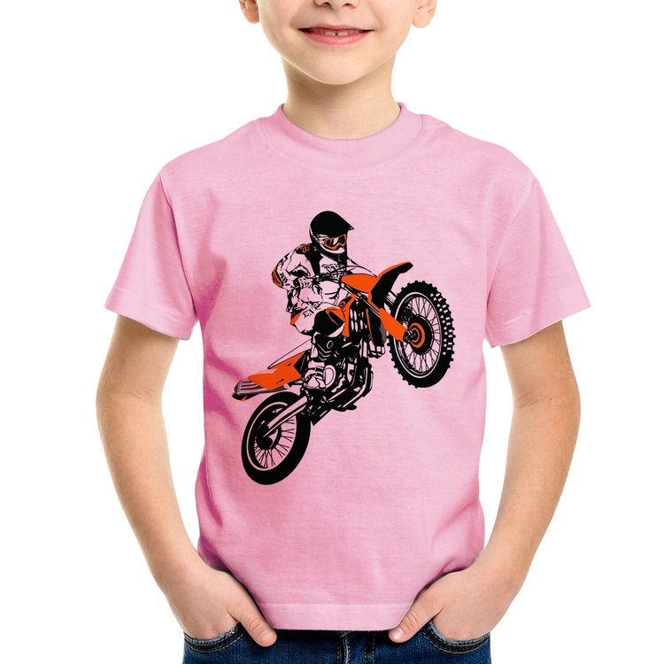 Camiseta Infantil Motocross Jump Laranja - Rosa Bebê