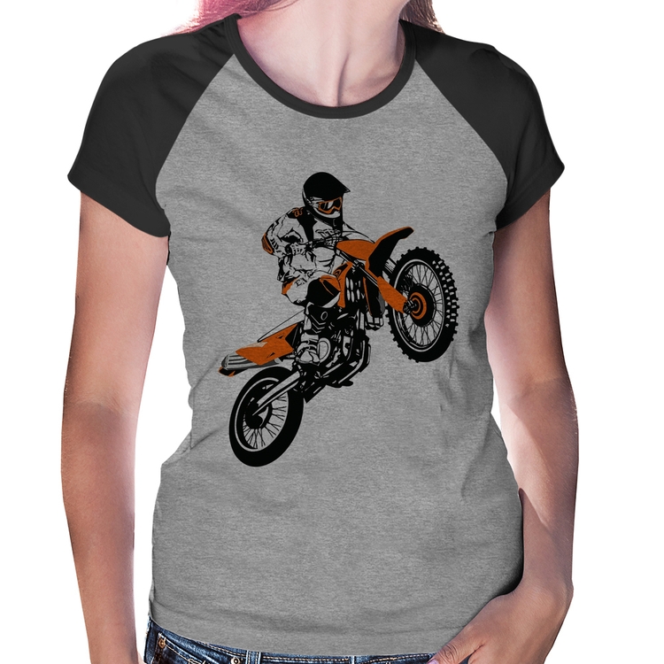 Baby Look Raglan Motocross Jump Laranja - Cinza/Preto