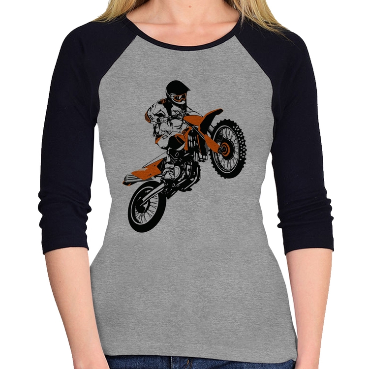 Baby Look Raglan Motocross Jump Laranja Manga 3/4 - Cinza/Preto