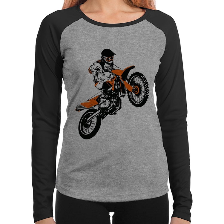 Baby Look Raglan Motocross Jump Laranja Manga Longa - Cinza/Preto