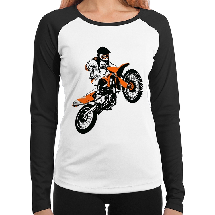 Baby Look Raglan Motocross Jump Laranja Manga Longa