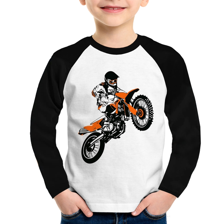 Camiseta Raglan Infantil Motocross Jump Laranja Manga Longa