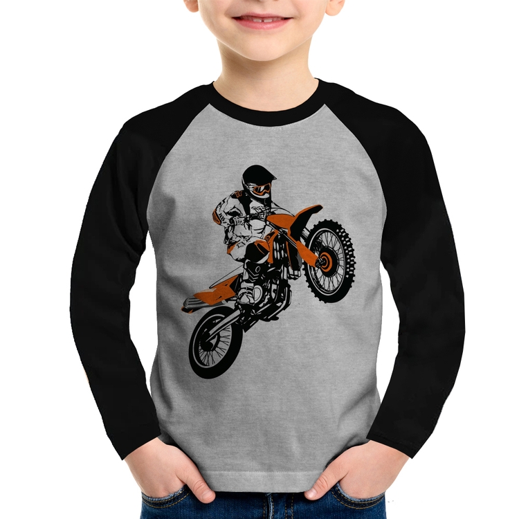 Camiseta Raglan Infantil Motocross Jump Laranja Manga Longa - Cinza/Preto