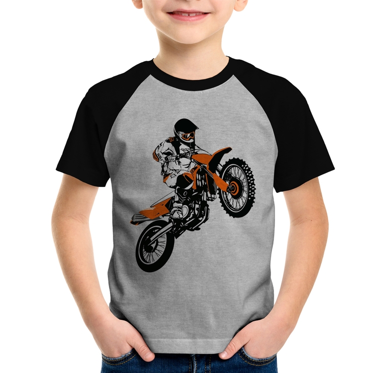 Camiseta Raglan Infantil Motocross Jump Laranja - Cinza/Preto