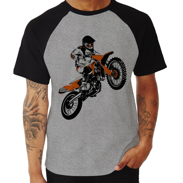 Camiseta Raglan Motocross Jump Laranja - Cinza/Preto
