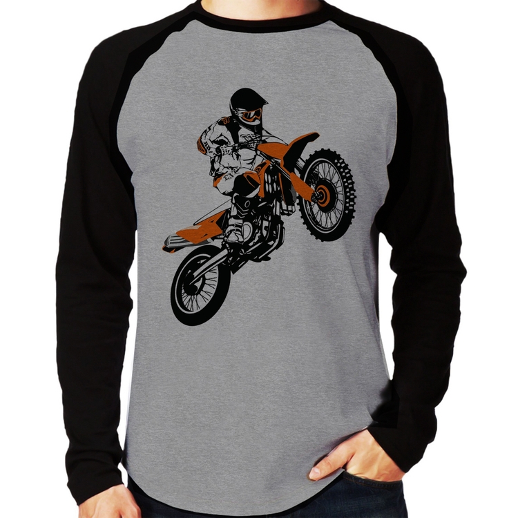 Camiseta Raglan Motocross Jump Laranja Manga Longa - Cinza/Preto