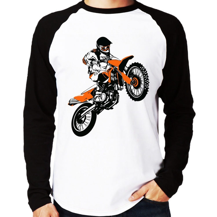Camiseta Raglan Motocross Jump Laranja Manga Longa