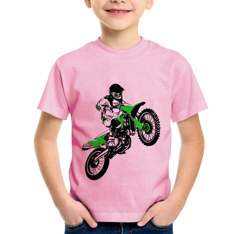 Camiseta Infantil Motocross Jump Verde - Rosa Bebê