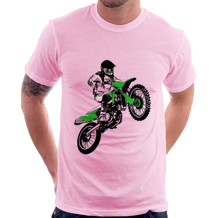 Camiseta Motocross Jump Verde - Rosa Bebê