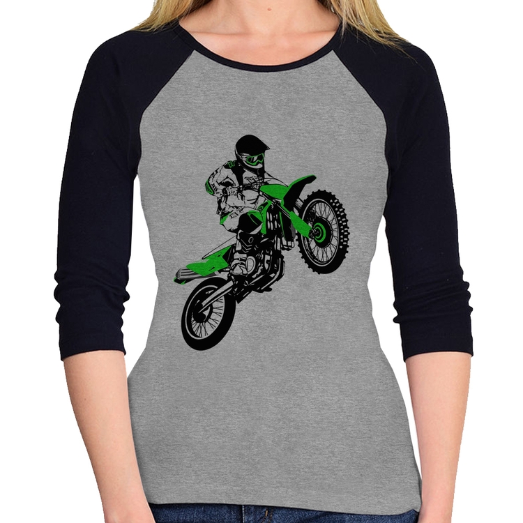 Baby Look Raglan Motocross Jump Verde Manga 3/4 - Cinza/Preto