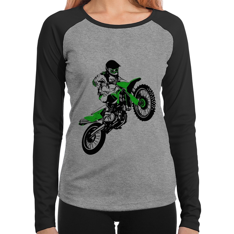 Baby Look Raglan Motocross Jump Verde Manga Longa - Cinza/Preto