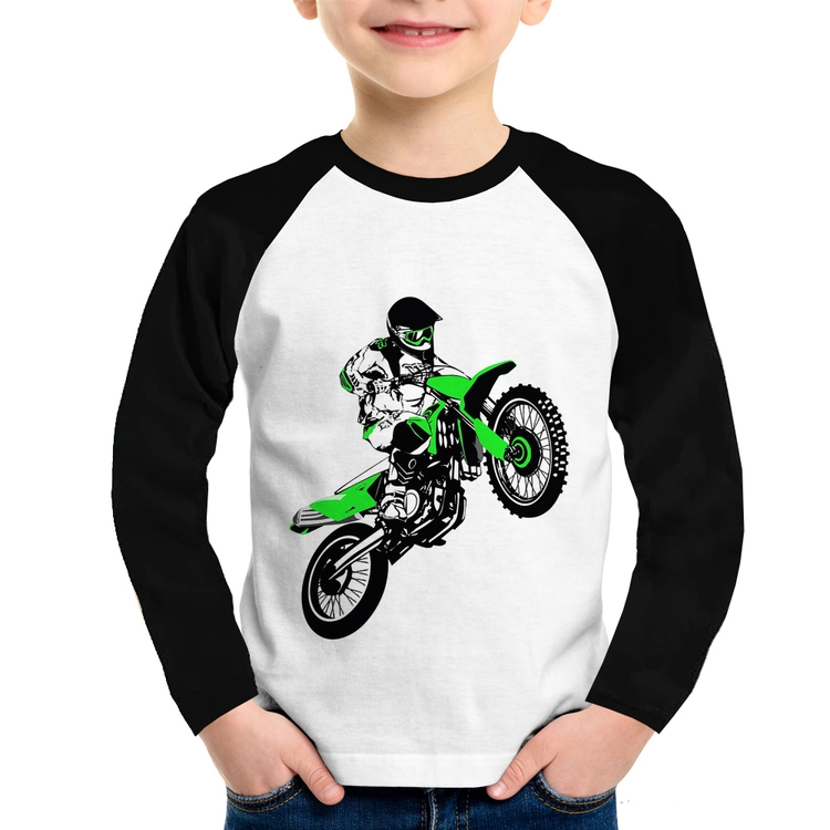 Camiseta Raglan Infantil Motocross Jump Verde Manga Longa