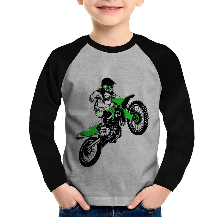 Camiseta Raglan Infantil Motocross Jump Verde Manga Longa - Cinza/Preto